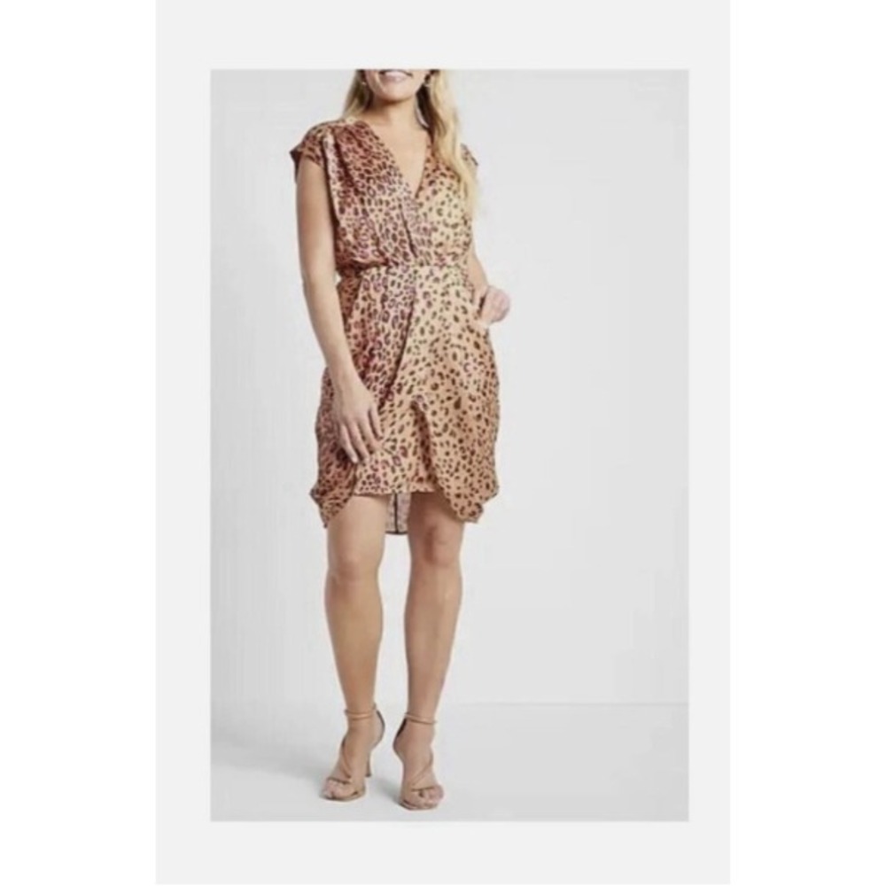 Express Leopard Print V-Neck Sleeveless Wrap Tulip Hem Mini Dress Tan Pink S